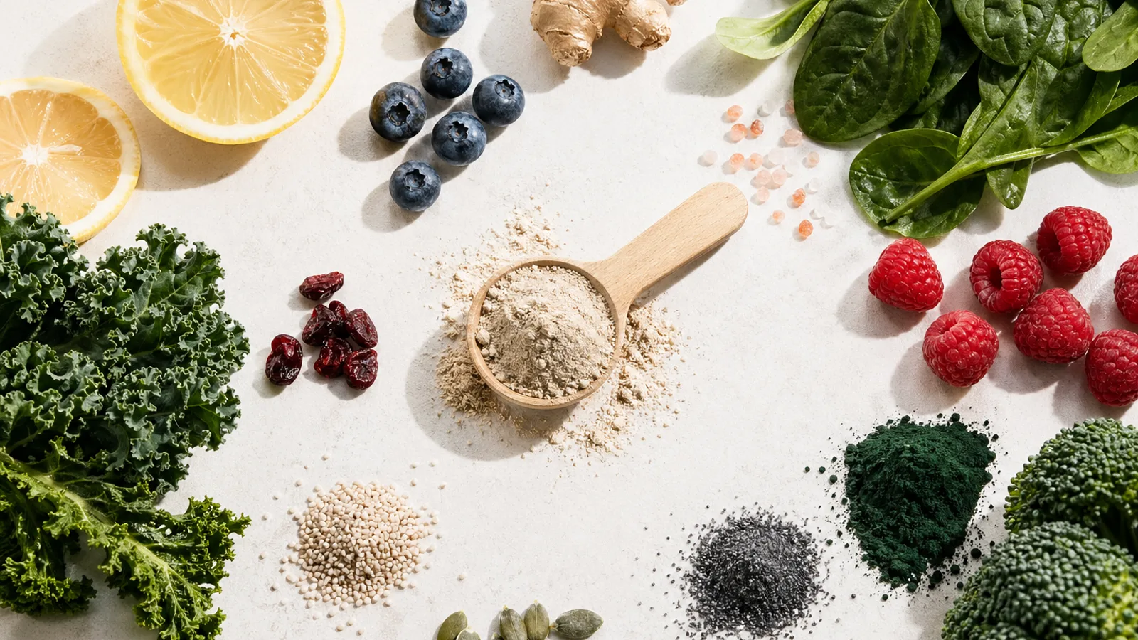 Natural ingredients and supplement powder arranged on a bright stone surface