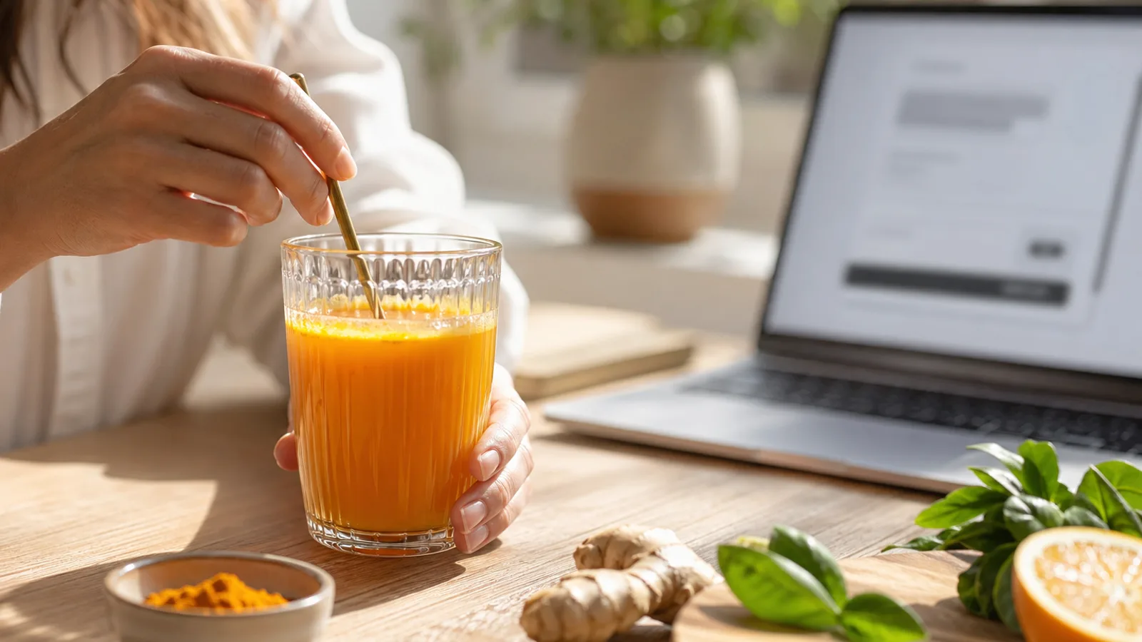 Hands preparing an orange wellness drink near a blurred checkout screen