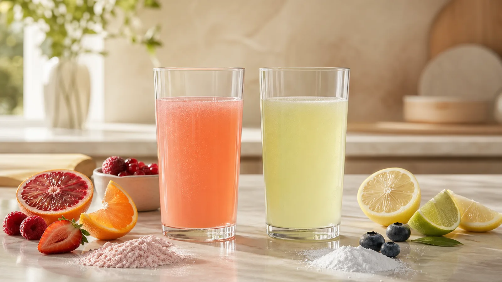 Two colorful daily supplement drinks on a kitchen counter for an IM8 vs AG1 comparison